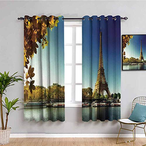 Eiffelturm-Dekovorhänge für Schlafzimmer Seine in Paris mit Eiffelturm in der Herbstsaison Blätter Skyline Flussufer Landschaft Café Vorhang B 132 x L