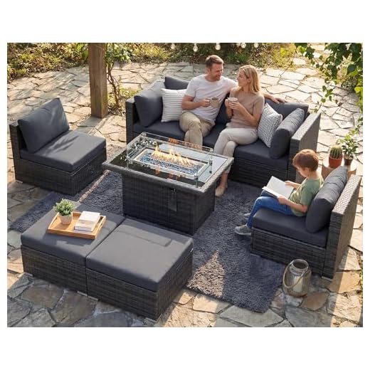 NICESOUL® 118''L- High Back Large Size PE Rattan Patio Furniture Sectional Sofa Sets with Cushions Outdoor PE Wicker Conversation Sets Including CSA Aproved Fire Pit Table with Stones & Wind Glass