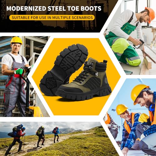 Image of KELODON Waterproof Steel Toe Boots For Men-6 Inch Comfortable Mens Safety Work Boots Indestructible Steel Toe Shoes Lightweight Non Slip Puncture Resistant Industrial Construction Boot