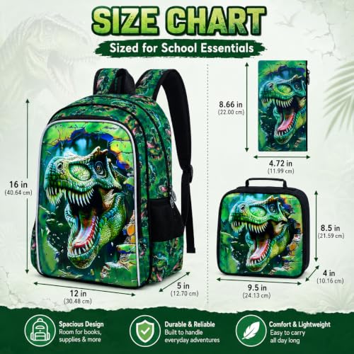 Image of Dinosaur Backpack, 16 inch Boys Kids Bookbag with Lunch Box, 3Pcs Dino School Backpacks for Elementary Preschool Kindergarten (Green)
