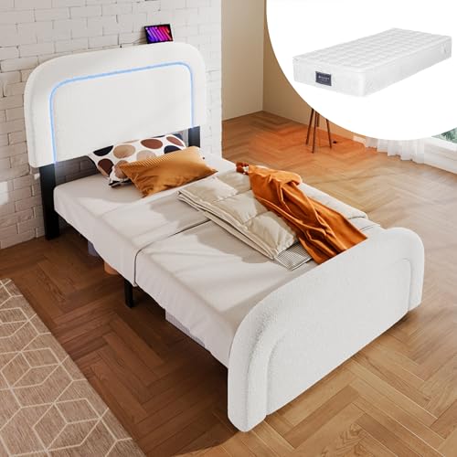 Arhatreya Cama tapizada de 90 x 200 cm, cama individual con función de carga USB tipo C, cama juvenil con iluminación LED, cabecero regulable en altura, cama para adolescentes y adultos (con colchón),