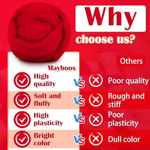 Image of Mayboos Wool Roving Yarn, 1.76oz Colored Natural Wool Roving,Wool Felting Supplies Pure Wool Chunky Yarn for Wet Felting handcrafts and Spinning (Red Color)