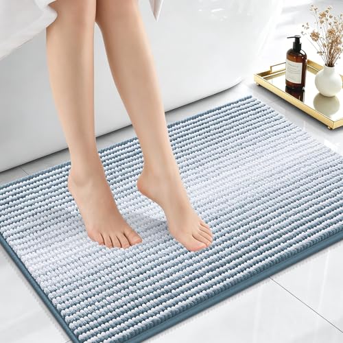 Image of OLANLY Small Bathroom Rugs 24x16, Chenille Striped Bath Rugs, Airy Blue