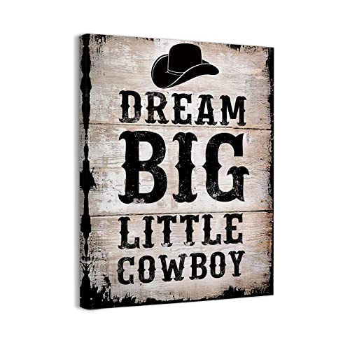 Image of WODMIS Inspirational Quote Dream Big Little Cowboy Retro Western Cowboy Hat Framed Canvas Wall Art Decor 11×14 inch,Farmhouse Rustic Print Painting Artwork Home Wall Decoration For Western Boys Room