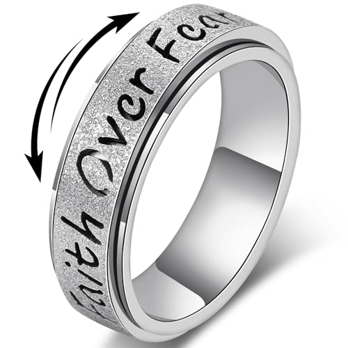 Fidget Spinner Ring for Women - Faith Over Fear Stainless Steel Anxiety Relief Rings for Adults, Christian Inspirational Hope Thumb Ring for Stress & Focus, Jewelry Gift for Women Men