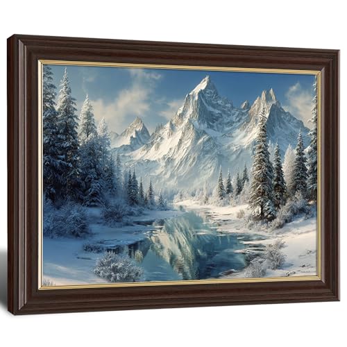 Image of Framed Vintage Snow Mountain Canvas Wall Art, Winter Pine Forest Lake Landscape Canvas Prints Pictures, Rustic Cabin Wall Decor for Living Room Bedroom Farmhouse Home Aesthetic
