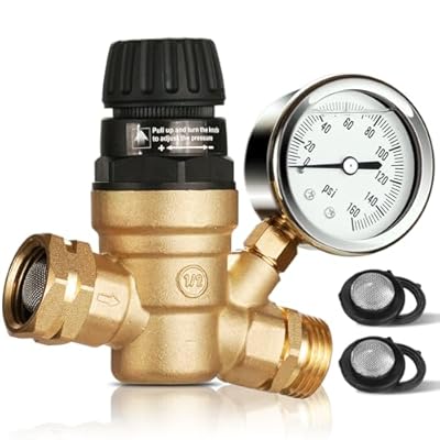 SheeChung RV Water Pressure Regulator, Brass Lead-Free Adjustable Water Pressure Reducer with Gauge, Tool-Free Hand-Turn 0-160 PSI, 3/4" GHT for RV, Camper, Trailer, Garden Hose
