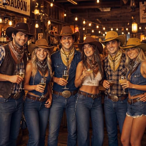Image of Coume 15 Set Western Cowboy Hat Costume Accessories Paisley Bandanna Cowgirl Hats Bulk for Adult Women Men Dress Party