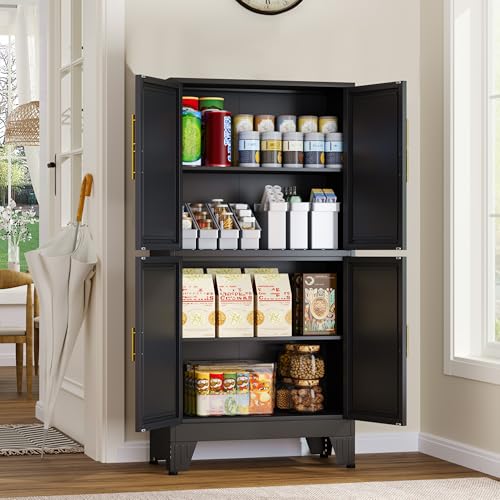 Image of GAIOUS 47.25 inch Metal Storage Cabinet, Black Kitchen Food Storage with 4 Door and 2 Adjustable Shelves, Freestanding Bathroom Cabinet, Pantry for Kitchen Dinning Room, Cupboard