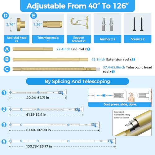 Image of AIZESI 41-124 Inch Heavy Duty Gold Tension Curtain Rod - No Drilling, Adjustable, Rust-Proof for Outdoor, Living Room, Bathroom