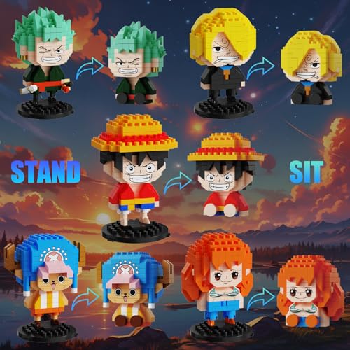 Image of 5 Pirate Figures Brick Mini Headz Building Toy, 5 Cute Main Straw Hat Crew Pirate Figures Characters Merch Piece One Micro Blocks Set Ideal Valentine's Day Gift for Fans, Adult, Teen 14+ (1025PCS)