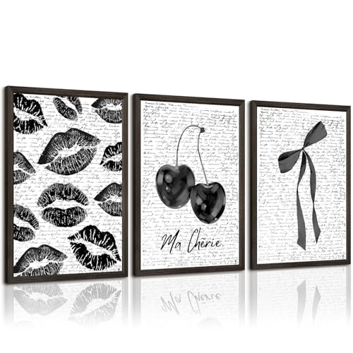 Black White Aesthetic Wall Art Coquette Bow Fashion Canvas Wall Decor Preppy Cherry Posters Vintage Girl Room Decor Bow Pictures Trendy Lips Kiss Prints for Girly Bedroom 16x24 Inch Framed 3Pcs