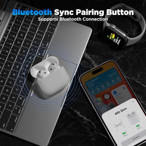 Image of Wireless Charging Case Replacement, Qi-Certified Charger Case for AirPods 4, Bluetooth Pairing Sync Button, 600 Mah Built-in Battery, White.