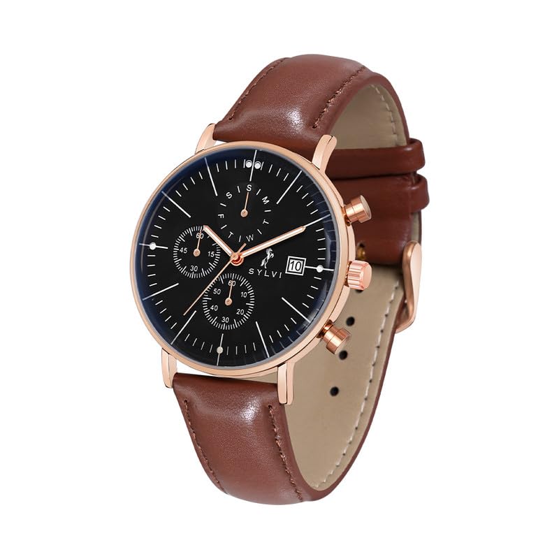 Image of Sylvi Gazedoom RoseCrown Watch for Men - Chronograph with Date & Day, Coffee Brown Leather, Black Dial, 3 ATM Water Resistant