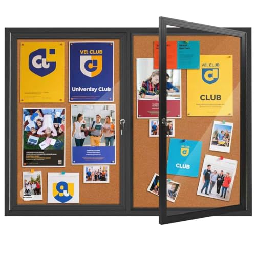 Tablón de anuncios cerrado resistente a la intemperie de 44 x 32 pulgadas, tablero de anuncios de corcho con cerradura para exteriores, marco de aluminio, resistente a la intemperie, vitrina para