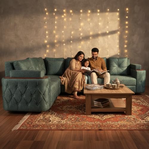 Image of APRODZ Wooden Sofa Set 6 Seater for Living Room, Solid Wood L Shape Sectional Sofa with Velvet Fabric Upholstery, Cushioned Seating for Home, Office & Lounge, Smoky Teal