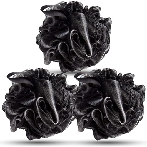 KISUOMAOYI Loofah Shower Puff 3Pcs - Ultra Soft Mesh Bath Sponges for Adults Exfoliating, Scrubbing and Cleaning - Body Scrubbers for Use in Shower (Black-3 Pcs)