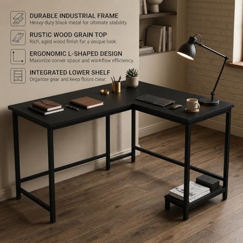 Image of L Shaped Computer Desk for Home Office | Multi-Purpose Study Table & Gaming | Engineered Wood Corner Workstation for Laptop & PC | Space Saving Desk | Black | 130X50X75cm