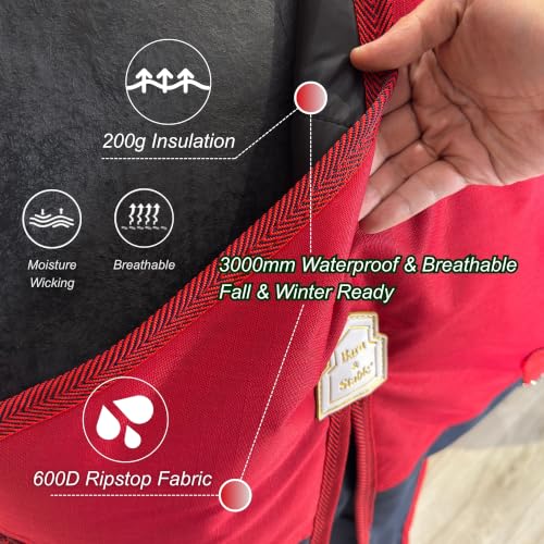 Image of BARN & STABLE 600Denier 3000mm /3000mvp Super Waterproof & Breathable Horse Blankets for Winter with 200g Fill (Classic Red /Navy, 81 Inch)