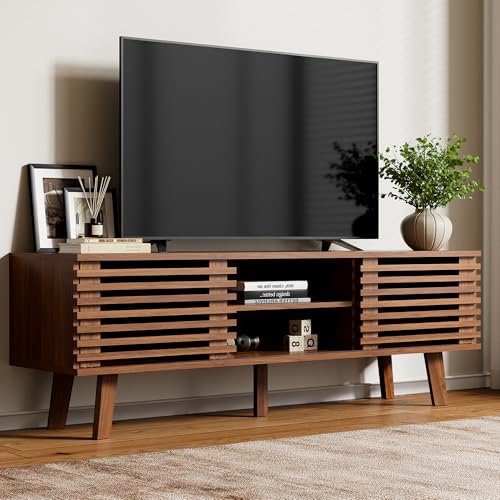 Image of Furniway Mid Century Modern TV Stand for 50 /55 /60 inch TV, Entertainment Center with Storage & Sliding Door, Wood Media Console, TV Stand for Living Room, Bedroom, Walnut