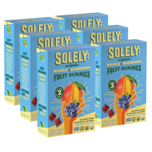 SOLELY - Organic Mango & Blueberry Whole Fruit Gummies (Pack of 6 Boxes, 5 Bags per Box) - Real Fresh Fruit - Healthy Snacks for Adults & Kids - Non GMO, Vegan Snacks, Shelf Stable - 30 Bags (3.5 oz)