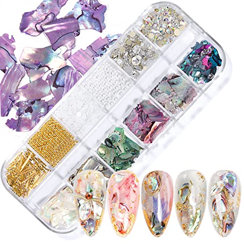 Abalone Seashell Slices, Mixed Abalone Glitter Rhinestone Beads Pearl Studs Nail Art Design, 3D Ocean Shiny Shell Slices Nail Sequins Supplies For Women Manicure Mermaid Decorations Nail Art Tips #TOP29