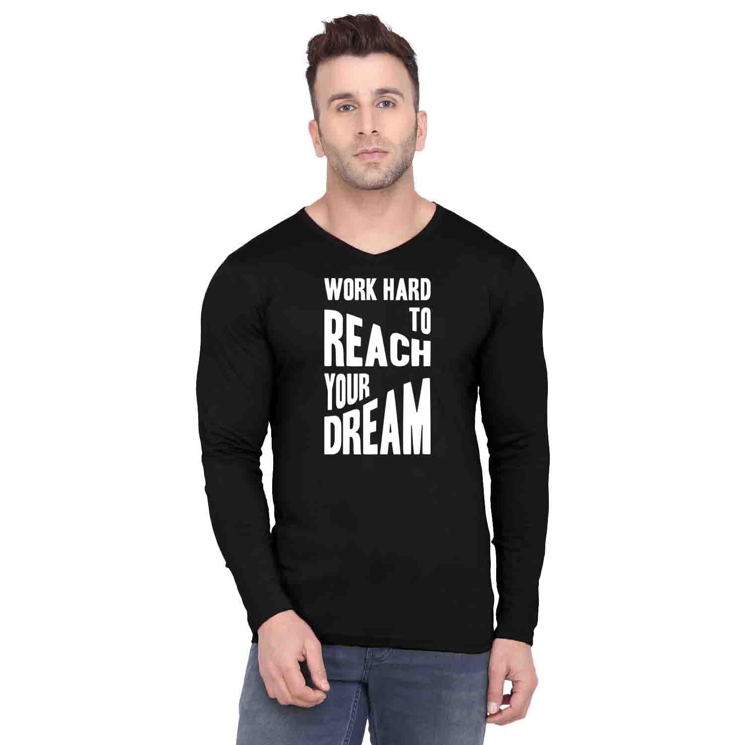 Fashions Love Men Cotton Full Sleeve V Neck Reach Your Dream Printed T Shirt FSV-0668