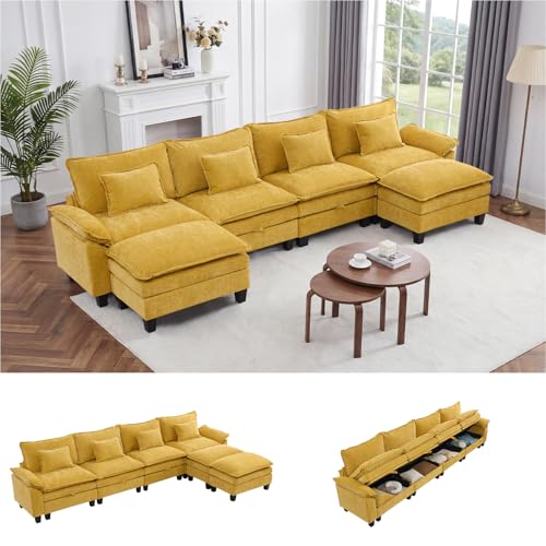 Image of IPKIG 151 inch Modular Cloud Couch with Storage, U Shaped Sectional Sofa with Ottoman & Pillow, Chenille Deep Seat Sectional Couches for Living Room, Apartment, Yellow
