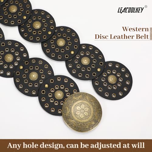 Image of LEACOOLKEY Women's Boho Disc Belt Wide Western Leather Belt Vintage Concho Waist Belts for Dress Jeans