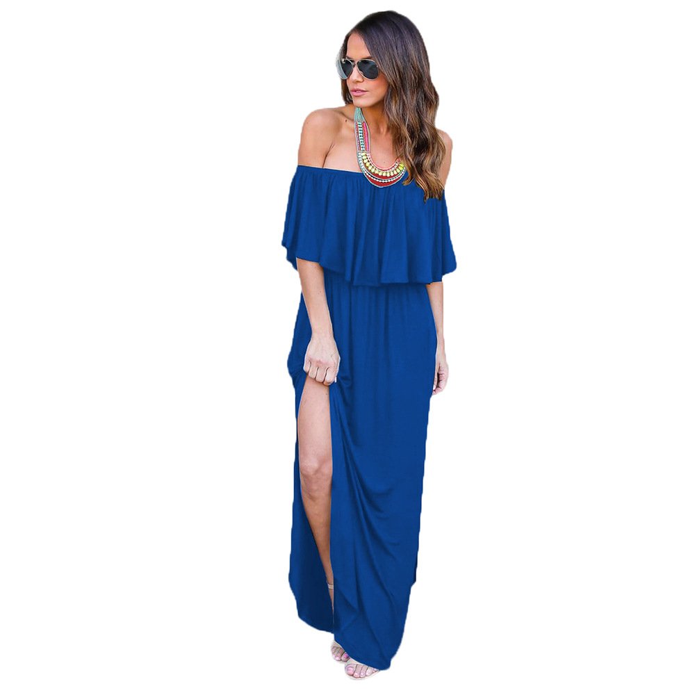 Women Long Maxi Dress Off Shoulder Ruffle Side Split Maxi Dresses Boho Long Swing A Line Plain Pleated Dress for Beach Cocktail Party Wedding Simple Style Strapless Sundress Kaftan Tunic Plus Size