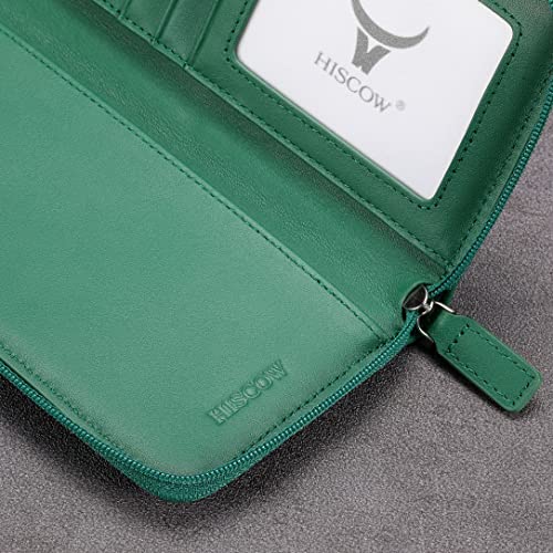 Image of HISCOW Leather Checkbook Cover, Zippered Wallet with Card Slots, Green | Full grain cowhide, 5cc & ID window, personal check book & register pockets, removable duplicate divider, women secure zipper