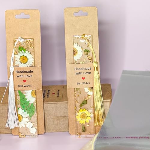 100 Set Bookmark Holder Packaging, Handmade with Love Bookmark Display Cards with Bags Hanging Resin...