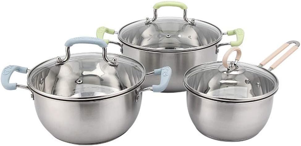 Cookware Set Kitchen Stainless Steel Soup Pot Saucepan Induction Safe Thickened Saucepan with Glass Lid 3 PCS/Set