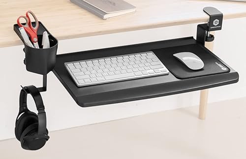 ErgoActive Bandeja de teclado de tamaño pequeño con portavasos multifunción, fácil instalación, organizador de escritorio (bandeja pequeña) (con
