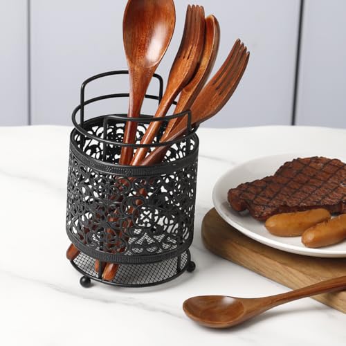 ペン立て レース調 透かしデザイン 金属製 ペンスタンド カトラリーケース 小物収納 卓上収納 文房具・化粧品 多用途収納 高見え オフィス・家庭用 耐久性 (ブラック)