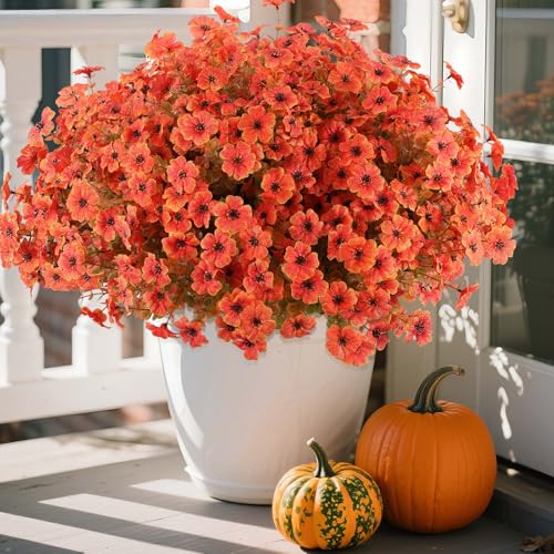 Hananona 18 Pcs Artificial Mum Flowers for Outdoors Faux Fall Mums Silk Flower for Outside Fake Orange Flowers for Fall Patio Front Door Planter Autumn Halloween Home Decorations (18 Orange)