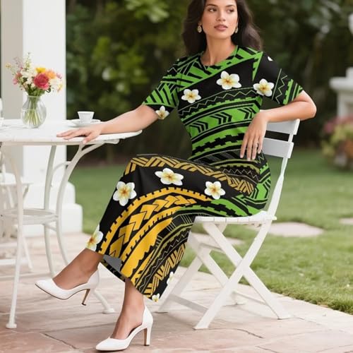 Image of Puletasi Samoan Traditional 2 Piece Outfits for Women Short Sleeve Crop Top and Maxi Skirt Sets Puletasi Dress