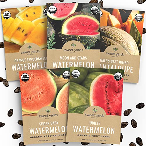 Organic Melon Medley Garden Seeds Variety Pack- Watermelons And Cantaloupes - Non-Gmo Usda Certified Organic Open Pollinated Heirloom Usa Fruit Seed Packets #TOP19
