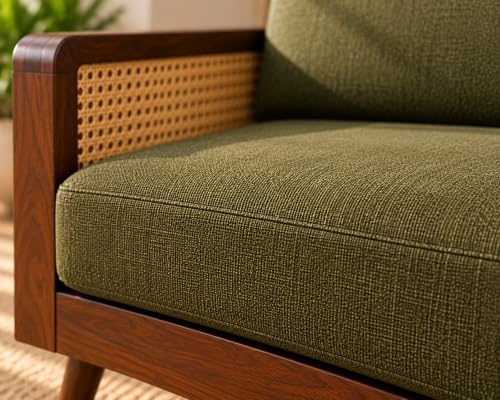 Image of Sainistree Sheesham Wood 3 Seater Sofa | Solid Wood Cane & Rattan Sofa for Living Room | Mid-Century Modern Accent Sofa | Green Upholstery, Teak Brown Finish (3)