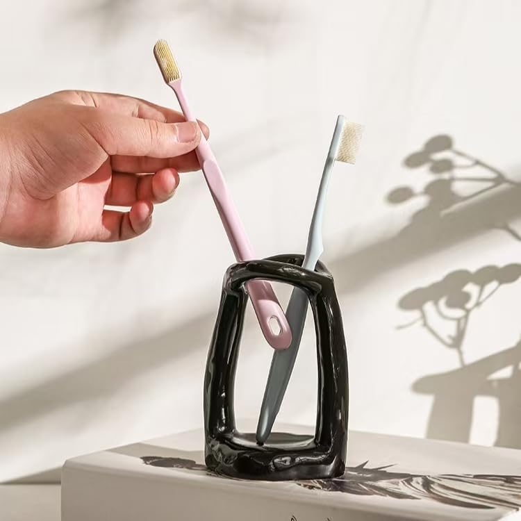 Handmade Ceramic Holder Stand for Toothbrushes, Makeup Brushes, and Pens - Minimalist Design for Bathroom Vanity and Countertops Decor (Black) - Image 2