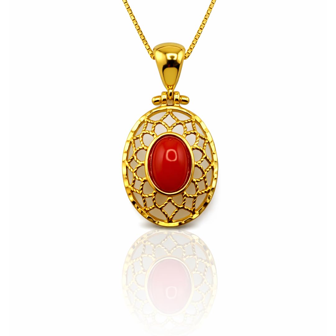 Ciondolo elegante in argento 925 dorato filigrana con corallo rosso naturale del Mediterraneo catenina veneziana 45 cm gioiello donna ragazza elegante artigianale