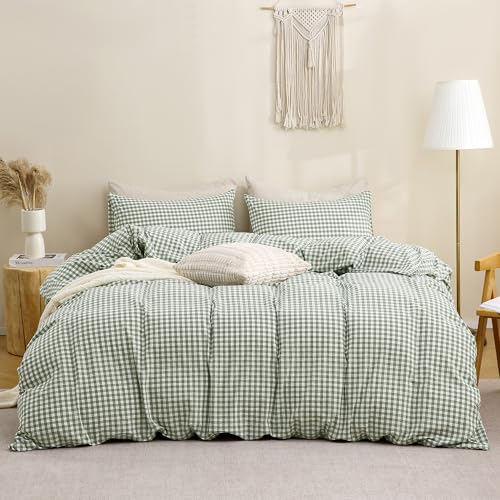 Image of TOCOMOA Green Gingham Duvet Cover Bedding Set 100% Washed Cotton Like Linen Feel Super Soft Comfortable 3 Piece Plaid Checkered Comforter Cover Set (California King 104 inchx98 inch, Comforter Not Included)