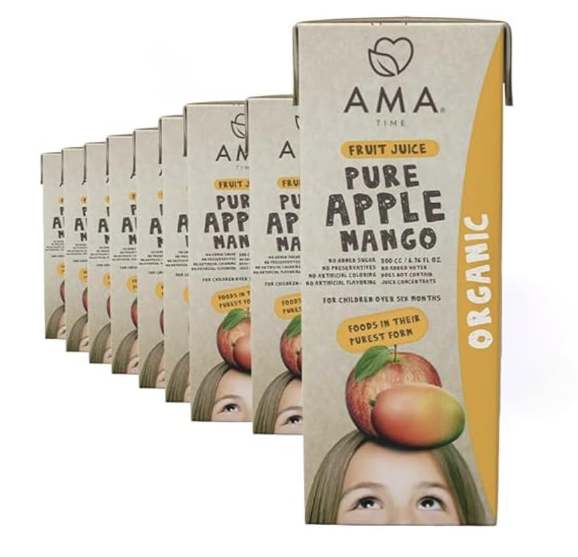 AMA TIME Organic Juice Boxes for Kids, 24 Pack | 6.76 fl oz Each | USDA Organic Juice with Vitamins A & C | No Added Sugar, Gluten-Free, Lunchbox & Snack Box Drinks (Apple & Mango)