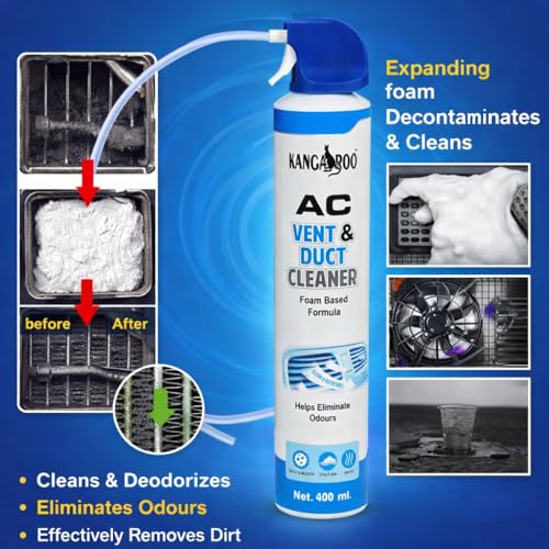 Image of Kangaroo Car AC Vent & Duct Cleaner Odour Neutralizer Spray Form with Long No-sal Pipe for Effective Cleaning 400 ml - Pack of 1