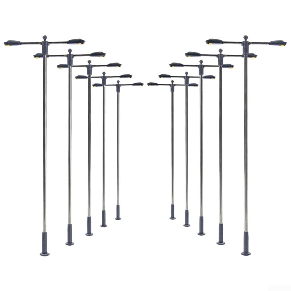 Lot De 10 Lampadaires LED à Double Fouet HO – Hauteur Réglable 104 Mm, Acier Blanc, Résistances Pour 12-16 V Incluses