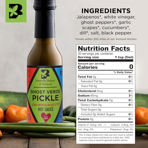Image of Butterfly Bakery of Vermont - Ghost Verde Pickle Genersaucity Hot Sauce, Bold Medium-Hot Heat, Spicy Pickled Flavor - Vegan & Vegetarian - Made with Natural, Vermont-Grown Ingredients, 5 fl oz