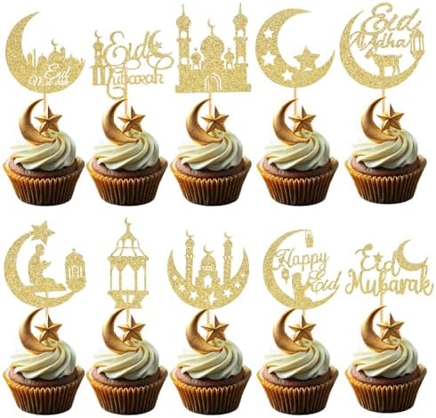 60 Pcs Eid Mubarak Cupcake Toppers,Glitter Moon Star Ramadan Kare...