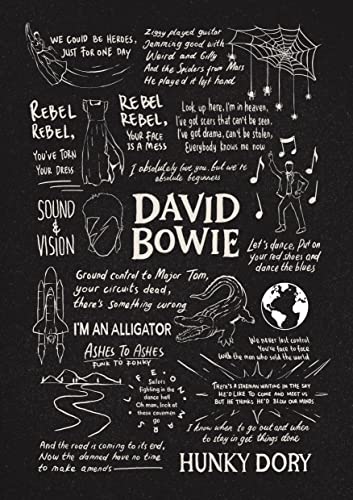 Póster con letra de David Bowie Doodle, regalo de obra de arte Bowie para los fanáticos de la música, pizarra negra sin marco A4