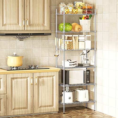 Auslar Metal Storage Shelves 6 Tier Wire Shelving Unit - Metal Racks For Storage With Adjustable Level Feet And Hanging Hooks, Chrome, Grey (24.26" L X 11.5" D X 63" H) #TOP1