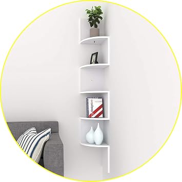 Zuvo Floating Corner Shelf 5 Tier - White Corner Bookshelf, Wall Mounted